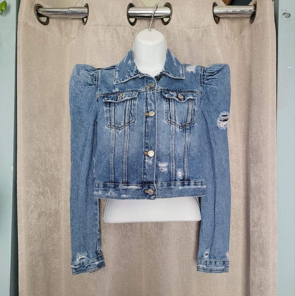 Zara Light Blue Distressed Puff Shoulder Denim Jacket